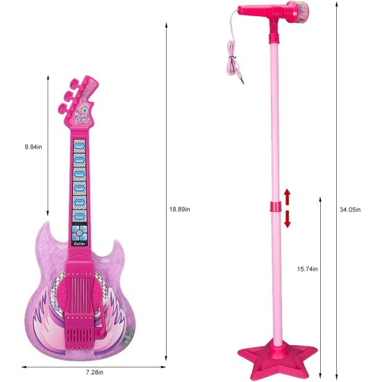 TAKIHON Ensemble guitare et microphone pour enfants, jouets de guitare avec musique et lumière colorée, microphone à hauteur réglable avec support, jouets de karaoké, cadeau pour garçons, filles, tout-petits (rouge) - Amélioré