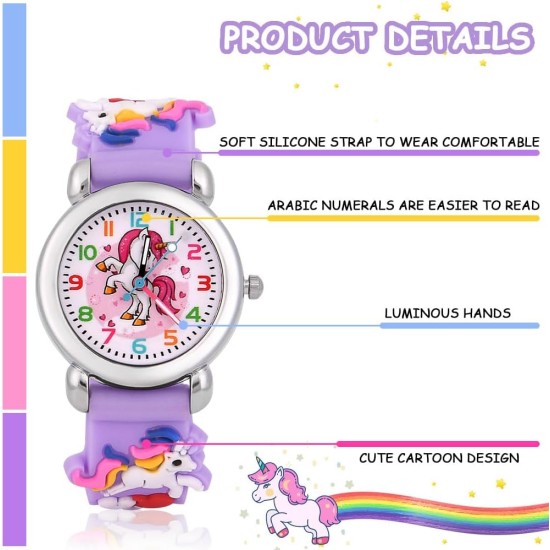 Montre pour enfants, montres de dessin animé 3D pour tout-petits, montres à quartz analogiques pour filles et garçons avec bracelet en silicone confortable, meilleurs cadeaux de jouets pour filles et garçons âgés de 3 à 12 ans