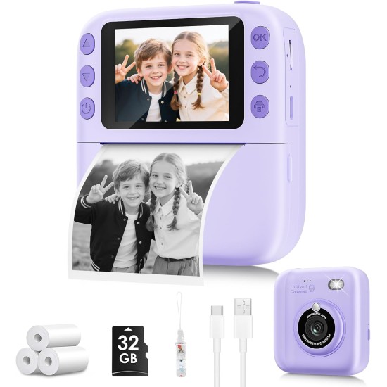 Appareil photo à impression instantanée pour enfants, cadeaux d'anniversaire de Noël pour filles et garçons, appareils photo à impression numérique instantanée 1080P pour tout-petits, jouet portable pour fille de 4 5 6 7 8 9 10 ans avec carte SD de 32 Go,