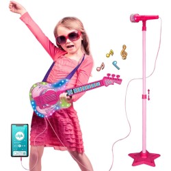 TAKIHON Ensemble guitare et microphone pour enfants, jouets de guitare avec musique et lumière colorée, microphone à hauteur réglable avec support, jouets de karaoké, cadeau pour garçons, filles, tout-petits (rouge) - Amélioré