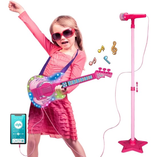 TAKIHON Ensemble guitare et microphone pour enfants, jouets de guitare avec musique et lumière colorée, microphone à hauteur réglable avec support, jouets de karaoké, cadeau pour garçons, filles, tout-petits (rouge) - Amélioré