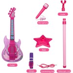 TAKIHON Ensemble guitare et microphone pour enfants, jouets de guitare avec musique et lumière colorée, microphone à hauteur réglable avec support, jouets de karaoké, cadeau pour garçons, filles, tout-petits (rouge) - Amélioré