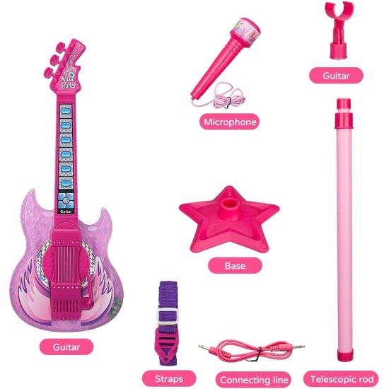 TAKIHON Ensemble guitare et microphone pour enfants, jouets de guitare avec musique et lumière colorée, microphone à hauteur réglable avec support, jouets de karaoké, cadeau pour garçons, filles, tout-petits (rouge) - Amélioré