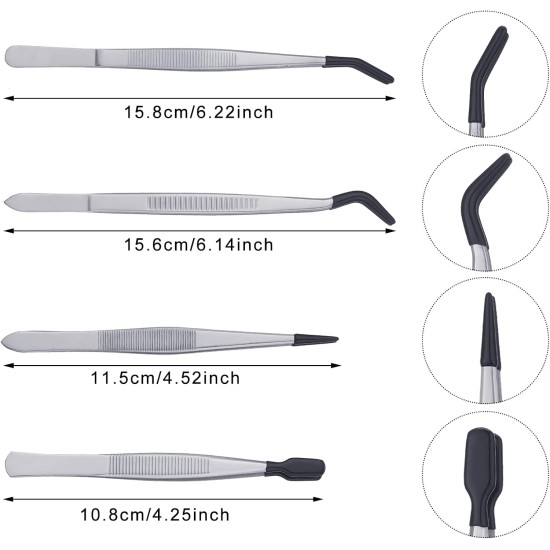 DragonflyDreams Lot de 4 pinces à épiler avec revêtement en caoutchouc PVC, pincettes à pointe droite, pointe plate en caoutchouc, pince longue courbée pour travaux manuels, tampons, perles, outils de bijoux (pince en caoutchouc)