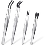 DragonflyDreams Lot de 4 pinces à épiler avec revêtement en caoutchouc PVC, pincettes à pointe droite, pointe plate en caoutchouc, pince longue courbée pour travaux manuels, tampons, perles, outils de bijoux (pince en caoutchouc)
