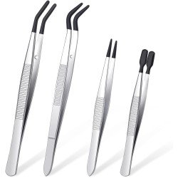 DragonflyDreams Lot de 4 pinces à épiler avec revêtement en caoutchouc PVC, pincettes à pointe droite, pointe plate en caoutchouc, pince longue courbée pour travaux manuels, tampons, perles, outils de bijoux (pince en caoutchouc)