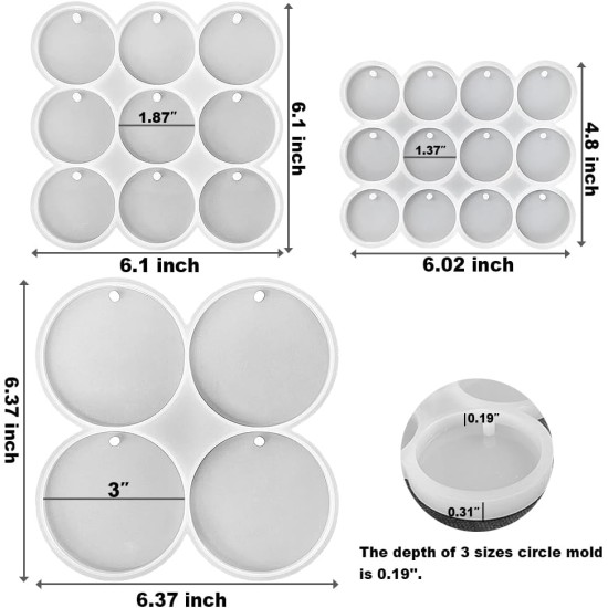 RESINWORLD Ensemble de 25 cavités de moules en silicone à cercle plat brillant de grande, moyenne et petite taille, boucles d'oreilles rondes percées, pendentif, porte-clés, moule en résine pour étiquette d'animal de compagnie