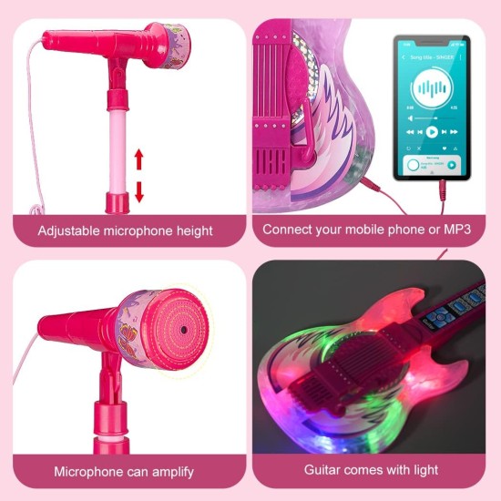 TAKIHON Ensemble guitare et microphone pour enfants, jouets de guitare avec musique et lumière colorée, microphone à hauteur réglable avec support, jouets de karaoké, cadeau pour garçons, filles, tout-petits (rouge) - Amélioré