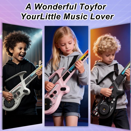 Guitare intelligente pour enfants, jouet de guitare électrique sans cordes avec Bluetooth, 4 tons et 3 styles de musique, ensemble de jeu DJ avec lumières colorées rechargeables, cadeau musical pour garçons et filles âgés de 3 à 12 ans (rose)