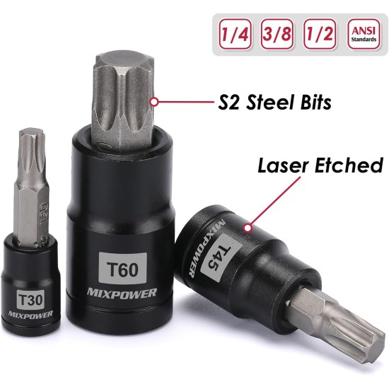 MIXPOWER Jeu de 25 embouts et douilles Torx, 13 embouts étoiles (T8- T60) et 12 douilles E-Torx (E4-E22), ensemble de mécanicien automobile et moto de qualité professionnelle MIXPOWER Jeu de 25 embouts et douilles Torx, 13 embouts étoiles (T8- T60) et 12 douilles E-Torx (E4-E22), ensemble de mécanicien automobile et moto de qualité professionnelle