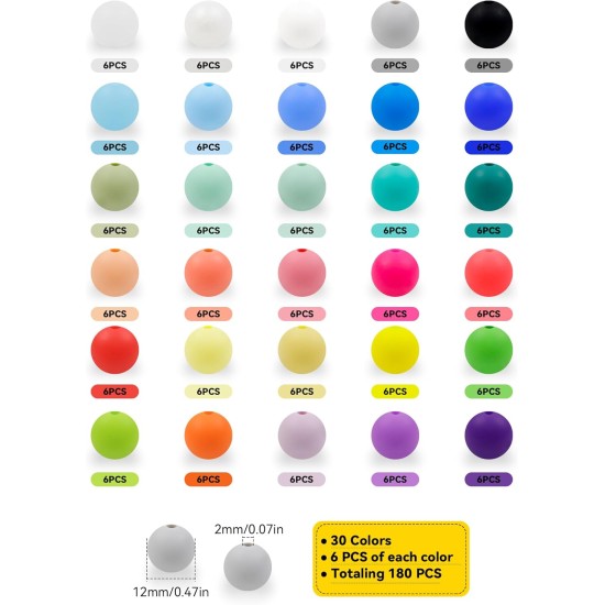 180 pièces FIVEIZERO perles en silicone – 30 couleurs perles rondes en caoutchouc de 12 mm en vrac pour l'artisanat de bricolage, accessoires de porte-clés et fabrication de bijoux