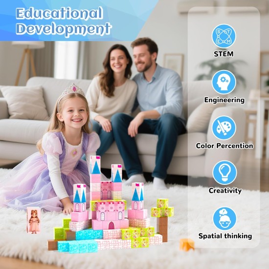 Blocs magnétiques mis à jour - Château de princesse - Blocs de construction magnétiques créatifs - Jouets pour tout-petits - Cadeaux d'anniversaire pour enfants de 3 ans et plus - Jouet sensoriel STEM Montessori pour garçons et filles de 3 à 4 ans, 4 à 5 