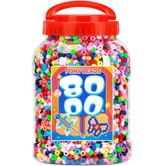 Bundooraking Lot de 8 000 perles de poney en vrac, perles en plastique colorées pour bracelets, fabrication de bijoux, travaux manuels, tressage de cheveux, porte-clés et projets de bricolage avec poignée seau de rangement (6 x 9 mm)