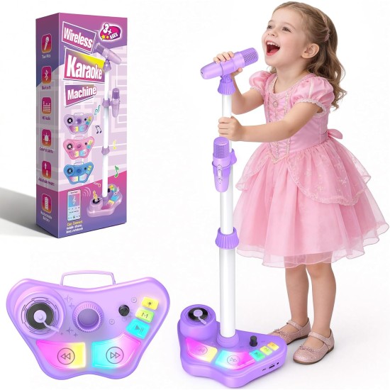 Machine de karaoké sur pied pour enfants, jouets chantants, cadeaux pour filles et garçons de 3, 4, 5, 6, 7, 8 ans, microphone rechargeable, haut-parleur Bluetooth avec 2 micros sans fil pour filles de 4 à 6 ans, jouet de fête d'anniversaire