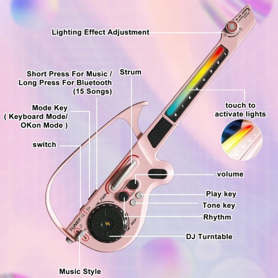 Guitare intelligente pour enfants, jouet de guitare électrique sans cordes avec Bluetooth, 4 tons et 3 styles de musique, ensemble de jeu DJ avec lumières colorées rechargeables, cadeau musical pour garçons et filles âgés de 3 à 12 ans (rose)
