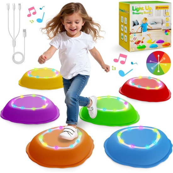 Lot de 6 tremplins rechargeables pour enfants, musique et lumière, jouets sensoriels antidérapants pour tout-petits, équipement de jeu intérieur et extérieur, cadeaux d'anniversaire, jouets pour enfants de 3, 4, 5 ans et plus