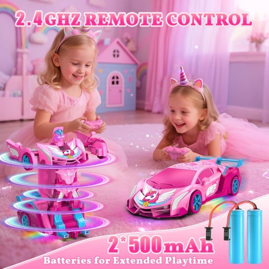 Voitures RC de transformation de licorne pour filles, jouets avec yeux arc-en-ciel et lumières sous le corps, rotation rapide à 360 ° et voiture télécommandée robot 2,4 GHz, déformation à un bouton, panier de Pâques pour filles de 3 à 12 ans