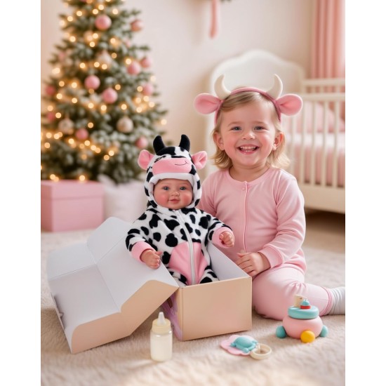 BABESIDE Baby Doll Girl - Poupée réaliste de 17 pouces au corps doux avec des yeux bleus et une tenue de vache, poupées légères de la vie réelle pour 3+ 4 5 6 7 8 9 ans, cadeaux d'anniversaire pour filles, jeux de simulation et Noël