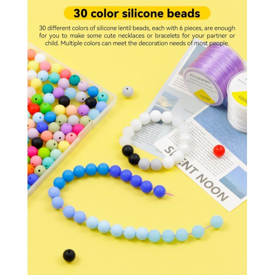 180 pièces FIVEIZERO perles en silicone – 30 couleurs perles rondes en caoutchouc de 12 mm en vrac pour l'artisanat de bricolage, accessoires de porte-clés et fabrication de bijoux