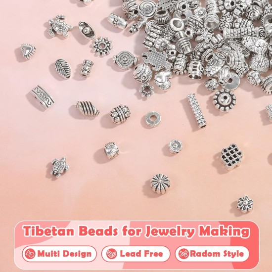 350 pièces de perles d'espacement en argent pour la fabrication de bijoux, perles métalliques mélangées en vrac de styles aléatoires pour bracelets, colliers, boucles d'oreilles, fabrication de bijoux