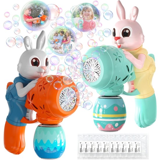 Pistolets à bulles pour les tout-petits, 2 machines à bulles en forme de lapin pour enfants, souffleur à bulles automatique avec 10 solutions de bulles, jouets d'extérieur, paniers de Pâques, cadeaux pour garçons et filles de 3, 4, 5, 6, 7, 8 ans