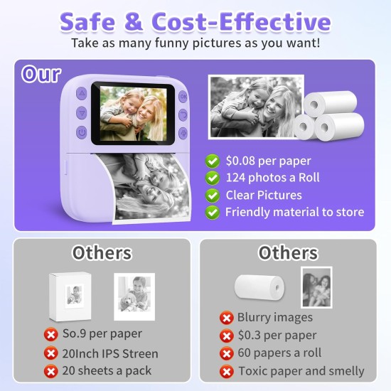 Appareil photo à impression instantanée pour enfants, cadeaux d'anniversaire de Noël pour filles et garçons, appareils photo à impression numérique instantanée 1080P pour tout-petits, jouet portable pour fille de 4 5 6 7 8 9 10 ans avec carte SD de 32 Go,