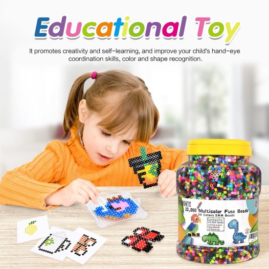 Inscraft Kit de 23 000 perles à repasser pour travaux manuels pour enfants, 30 couleurs de perles en fer avec 3 panneaux perforés, 5 papiers à repasser, 10 motifs, cadeaux pour anniversaire, Noël, kit de recharge en vrac de perles fondantes multicolores d