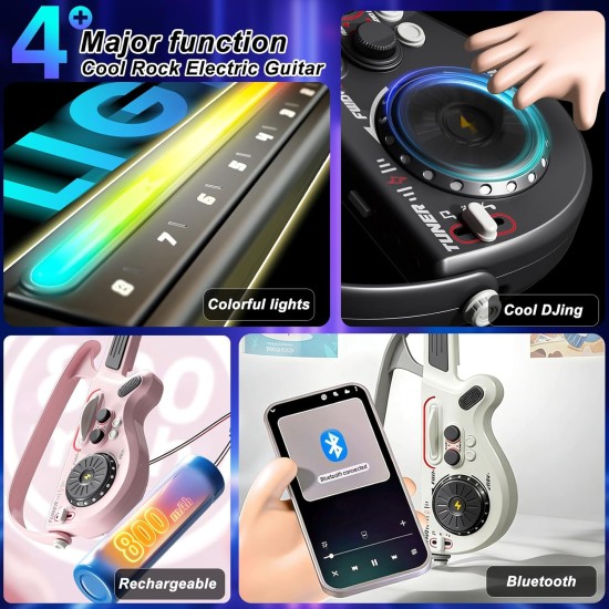Guitare intelligente pour enfants, jouet de guitare électrique sans cordes avec Bluetooth, 4 tons et 3 styles de musique, ensemble de jeu DJ avec lumières colorées rechargeables, cadeau musical pour garçons et filles âgés de 3 à 12 ans (rose)