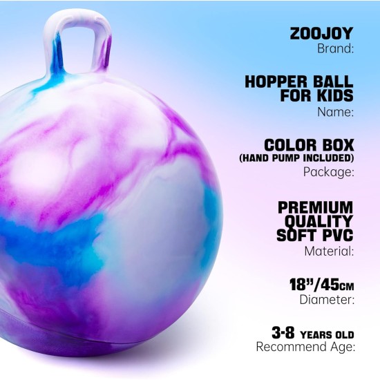 ZOOJOY Hopper Ball, jouets de saut pour enfants, balle rebondissante de 18 pouces avec poignée pour garçons et filles âgés de 3 à 8 ans, jouet gonflable de trémie de rebond de nuages ​​avec pompe