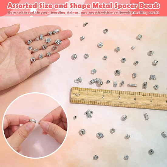 350 pièces de perles d'espacement en argent pour la fabrication de bijoux, perles métalliques mélangées en vrac de styles aléatoires pour bracelets, colliers, boucles d'oreilles, fabrication de bijoux