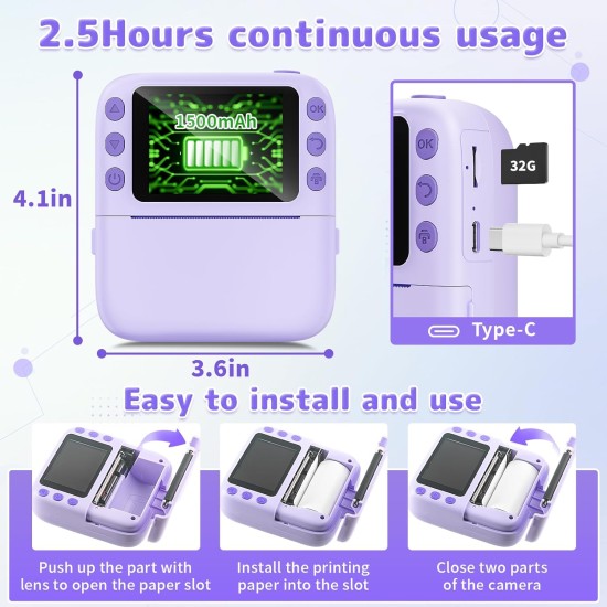 Appareil photo à impression instantanée pour enfants, cadeaux d'anniversaire de Noël pour filles et garçons, appareils photo à impression numérique instantanée 1080P pour tout-petits, jouet portable pour fille de 4 5 6 7 8 9 10 ans avec carte SD de 32 Go,