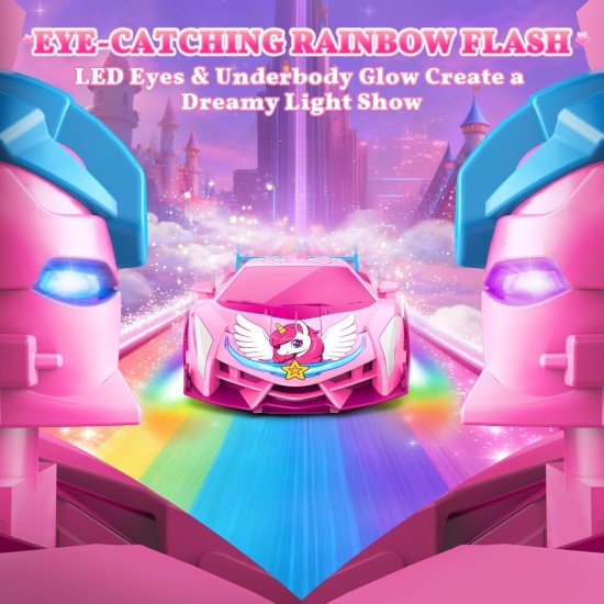 Voitures RC de transformation de licorne pour filles, jouets avec yeux arc-en-ciel et lumières sous le corps, rotation rapide à 360 ° et voiture télécommandée robot 2,4 GHz, déformation à un bouton, panier de Pâques pour filles de 3 à 12 ans