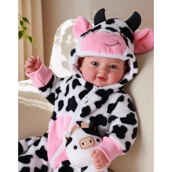 BABESIDE Baby Doll Girl - Poupée réaliste de 17 pouces au corps doux avec des yeux bleus et une tenue de vache, poupées légères de la vie réelle pour 3+ 4 5 6 7 8 9 ans, cadeaux d'anniversaire pour filles, jeux de simulation et Noël