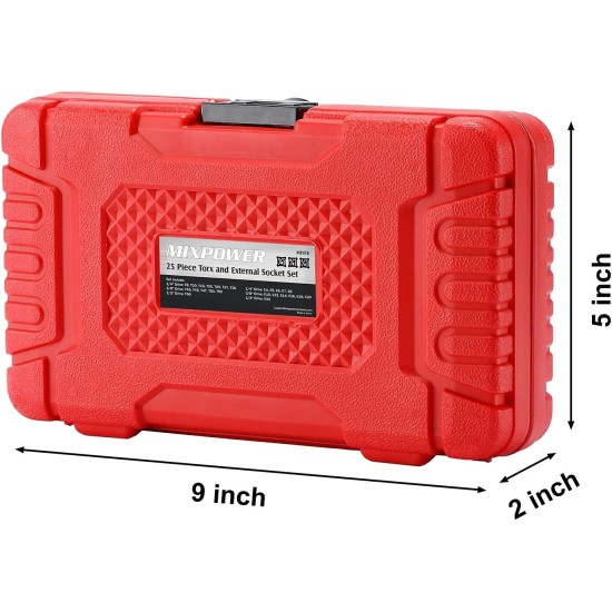 MIXPOWER Jeu de 25 embouts et douilles Torx, 13 embouts étoiles (T8- T60) et 12 douilles E-Torx (E4-E22), ensemble de mécanicien automobile et moto de qualité professionnelle MIXPOWER Jeu de 25 embouts et douilles Torx, 13 embouts étoiles (T8- T60) et 12 douilles E-Torx (E4-E22), ensemble de mécanicien automobile et moto de qualité professionnelle
