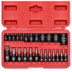 MIXPOWER Jeu de 25 embouts et douilles Torx, 13 embouts étoiles (T8- T60) et 12 douilles E-Torx (E4-E22), ensemble de mécanicien automobile et moto de qualité professionnelle