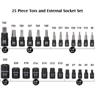MIXPOWER Jeu de 25 embouts et douilles Torx, 13 embouts étoiles (T8- T60) et 12 douilles E-Torx (E4-E22), ensemble de mécanicien automobile et moto de qualité professionnelle