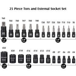 MIXPOWER Jeu de 25 embouts et douilles Torx, 13 embouts étoiles (T8- T60) et 12 douilles E-Torx (E4-E22), ensemble de mécanicien automobile et moto de qualité professionnelle
