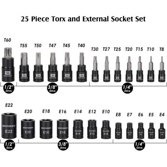 MIXPOWER Jeu de 25 embouts et douilles Torx, 13 embouts étoiles (T8- T60) et 12 douilles E-Torx (E4-E22), ensemble de mécanicien automobile et moto de qualité professionnelle MIXPOWER Jeu de 25 embouts et douilles Torx, 13 embouts étoiles (T8- T60) et 12 douilles E-Torx (E4-E22), ensemble de mécanicien automobile et moto de qualité professionnelle