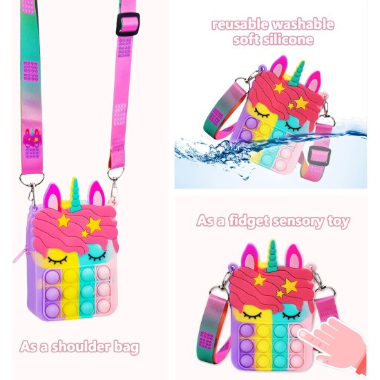 Civan Petit Sac à Main Pop, Sac à Main Pop Licorne pour Fille Garçon et Femme Sac Pop avec Jouet Pop Licorne, Sac à Bandoulière Fidget Toys Pop Fidget Sac à Dos Jouet pour TDAH Anxiété Sac à Dos Scolaire Sac en Silicone Pop pour Filles