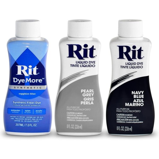 Kit de teinture liquide pour tissus RIT (ensemble de 3 pièces) bleu marine, bleu saphir, gris perle |