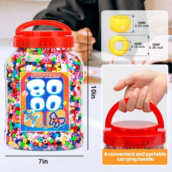 Bundooraking Lot de 8 000 perles de poney en vrac, perles en plastique colorées pour bracelets, fabrication de bijoux, travaux manuels, tressage de cheveux, porte-clés et projets de bricolage avec poignée seau de rangement (6 x 9 mm)