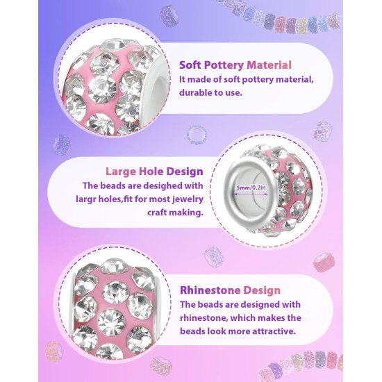 FIVEIZERO Lot de 120 perles à grand trou en strass pour la fabrication de bijoux, 20 couleurs de strass européens, perles d'espacement en vrac pour stylos à perles, loisirs créatifs