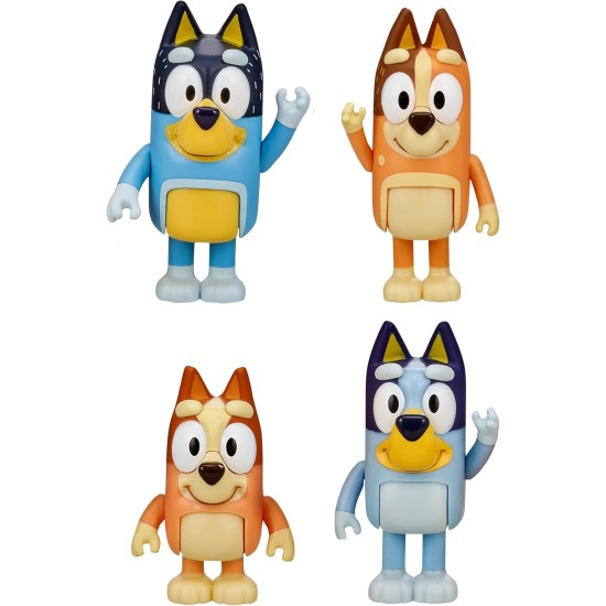Bluey Family Figure Pack de 4, jouets de personnages articulés robustes avec figurines de bingo, de piment et de bandit, figurines d'animaux de la taille des tout-petits pour les enfants à partir de 3 ans