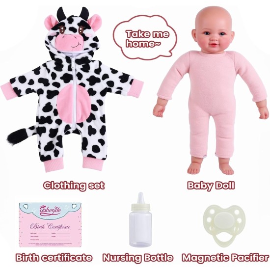 BABESIDE Baby Doll Girl - Poupée réaliste de 17 pouces au corps doux avec des yeux bleus et une tenue de vache, poupées légères de la vie réelle pour 3+ 4 5 6 7 8 9 ans, cadeaux d'anniversaire pour filles, jeux de simulation et Noël