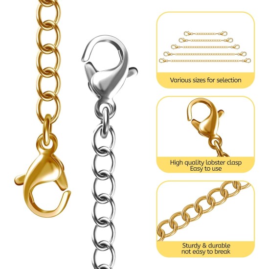 winee Lot de 30 rallonges de chaîne pour collier, rallonges de collier pour femmes et filles, rallonges de bracelet de cheville en acier inoxydable pour la fabrication de bijoux 2 pouces, 3 pouces, 4 pouces, 5 pouces, 6 pouces (15 or, 15 argent)