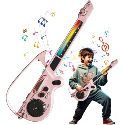 Guitare intelligente pour enfants, jouet de guitare électrique sans cordes avec Bluetooth, 4 tons et 3 styles de musique, ensemble de jeu DJ avec lumières colorées rechargeables, cadeau musical pour garçons et filles âgés de 3 à 12 ans (rose)