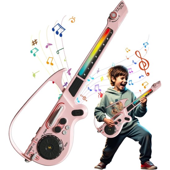 Guitare intelligente pour enfants, jouet de guitare électrique sans cordes avec Bluetooth, 4 tons et 3 styles de musique, ensemble de jeu DJ avec lumières colorées rechargeables, cadeau musical pour garçons et filles âgés de 3 à 12 ans (rose)