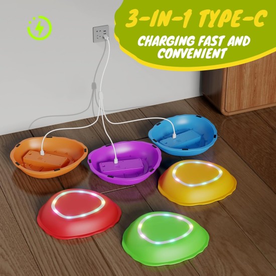 Lot de 6 tremplins rechargeables pour enfants, musique et lumière, jouets sensoriels antidérapants pour tout-petits, équipement de jeu intérieur et extérieur, cadeaux d'anniversaire, jouets pour enfants de 3, 4, 5 ans et plus