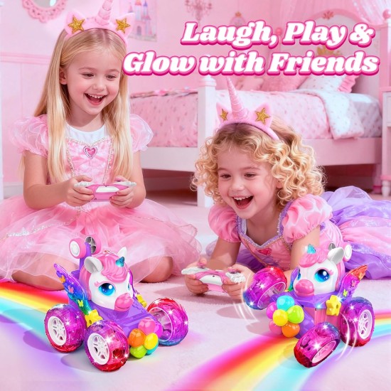 Voitures télécommandées licorne pour filles, jouets avec ailes et yeux en cristal brillants, rotation à 360 °, voiture télécommandée, voiture de cascade licorne, cadeaux d'anniversaire, panier de Pâques pour filles de 3, 4, 5, 6, 7, 8, 9, 10 ans