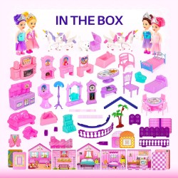 Maison de poupée avec 4 princesses, 4 licornes, chien, meubles et accessoires – Maison de poupée de rêve rose et violet pour petites filles – 5 chambres avec jardin, meubles et accessoires, cadeau pour filles de 2 à 7 ans